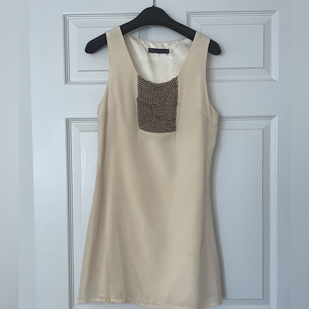Silk-lined, chiffon mini-dress with gold metalwork detail